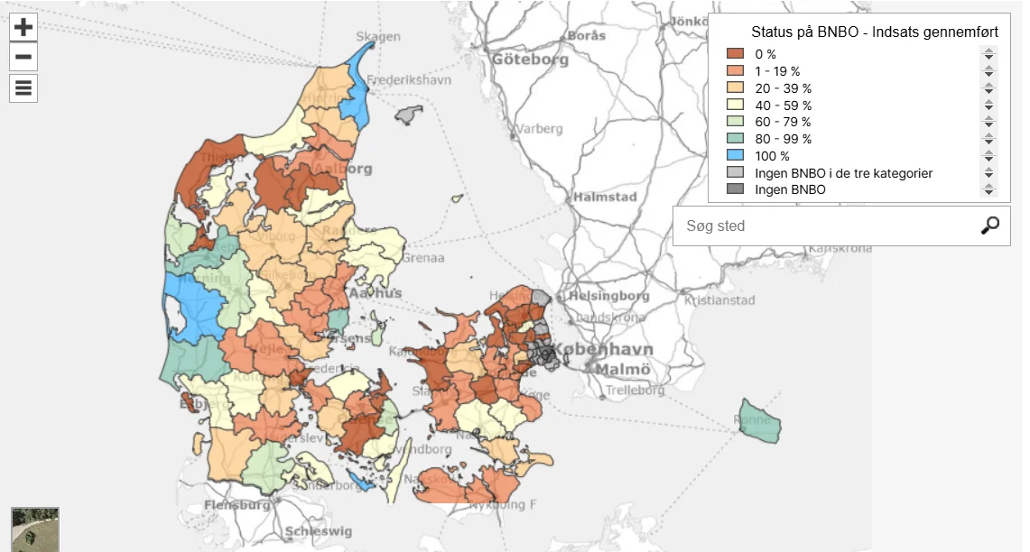 Der er stor forskel på status for frivillige BNBO-aftaler fra kommune til kommune. Nogle steder er man i mål, andre steder er der ikke indgået en eneste aftale. Kilde: Miljøstyrelsen