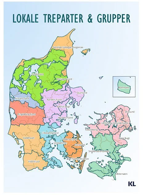 Sådan er de 23 lokale treparter fordelt geografisk i Danmark. Illustration: Kommunernes Landsforening