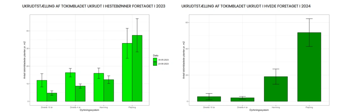 Det er særligt, når man tæller tokim-bladet ukrudt, at forskellene mellem direkte såning, harvning og pløjning træder frem. Kilde: Agrovi