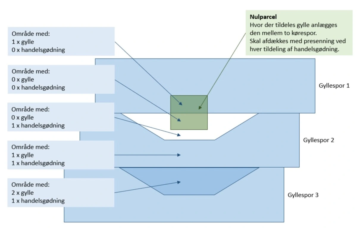 Har man gylle til rådighed, placeres nulparcellen midt mellem to gyllespor. Ved at dreje uden om nulparcellen i det ene træk og køre over den i det andet træk, får man flere forskellige scenarier at måle på. Kilde: Velas