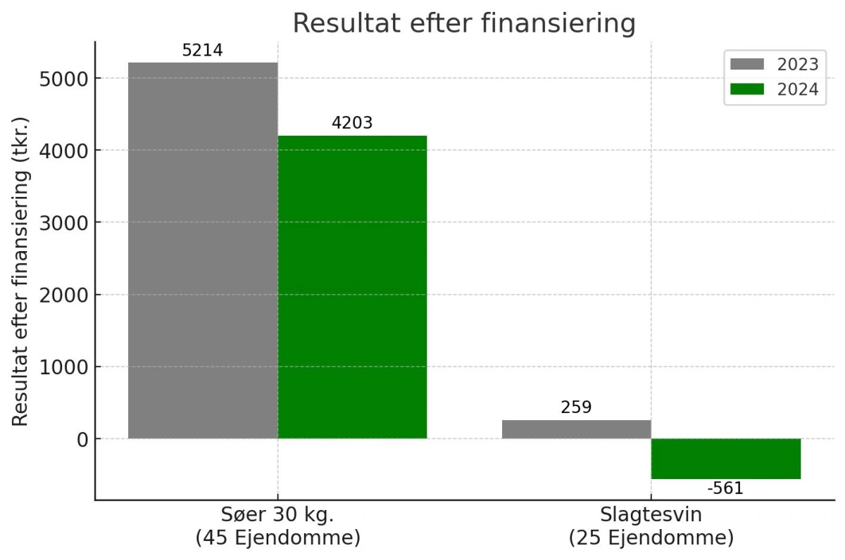 Resultatet efter financiering for soejendomme og slagtesvineejendomme hos VKST i 2024 og 2025. Kilde VKST