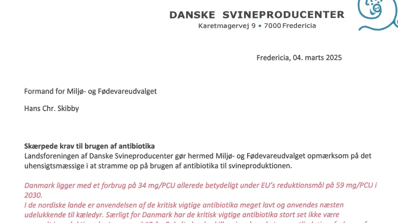 Uddrag af det brev, som Landsforeningen af Danske Svineproducenter har sendt til Folketingets Miljø- og Fødevareudvalg. 