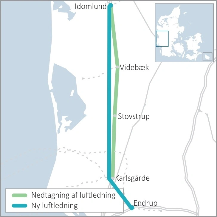 Idomlund er et knudepunkt i energiforsyningen i Danmark. Det er blandt andet her, at den såkaldte elmotorvej ned gennem Jylland har sit hovedpunkt. Illustration: Energinet