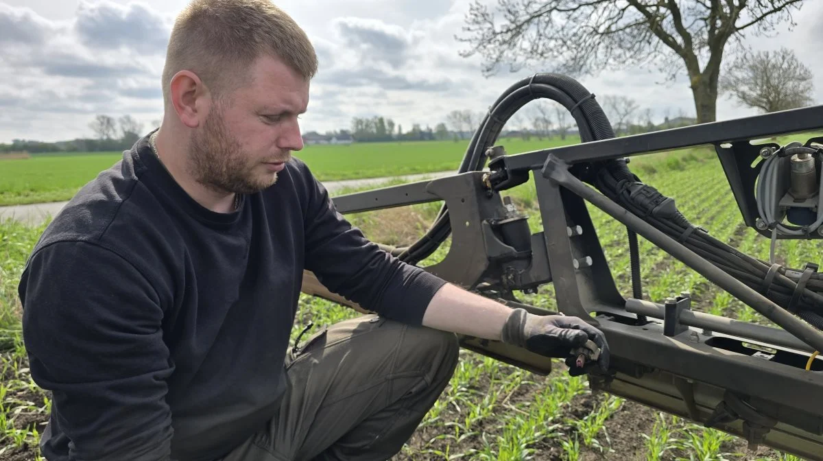 - Der er en gødningsdyse og to sprøjtedyser henholdsvis 015 og 025 i tripletten på sprøjtebommen, som skiftes automatisk af traktorens computer, fortæller traktorfører Emil Nygaard, Valdbygaard Gods. Foto: Jørgen P. Jensen