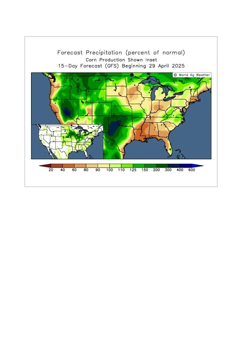 15-dages nedbørsprognose (Global Forecast System), som starter 29. april 2025. Kortet viser, hvor meget nedbør der forventes i USA, sammenlignet med normalen. I nederste venstre hjørne ses samtidigt, hvor majsproduktionen findes i USA. Kilde: World Ag Weather


