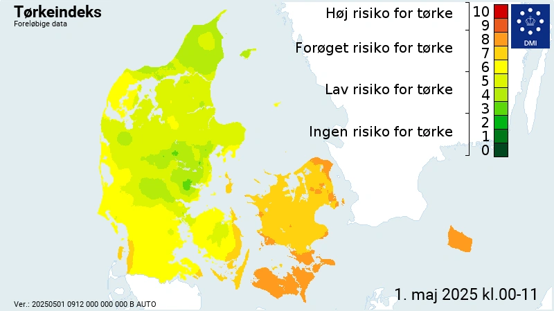 Tørkeindekset fra DMI ligger efterhånden højt øst for Storbælt.