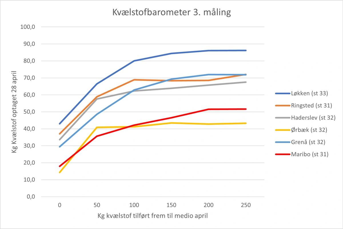 Hveden i kvælstofbarometerets forsøgsmark ved Løkken i Vendsyssel stikker helt af med et optag på næsten 90 kg N pr. hektar, mens anden tildeling i forsøget ved Ørbæk slet ikke har haft effekt endnu. Kilde: Yara