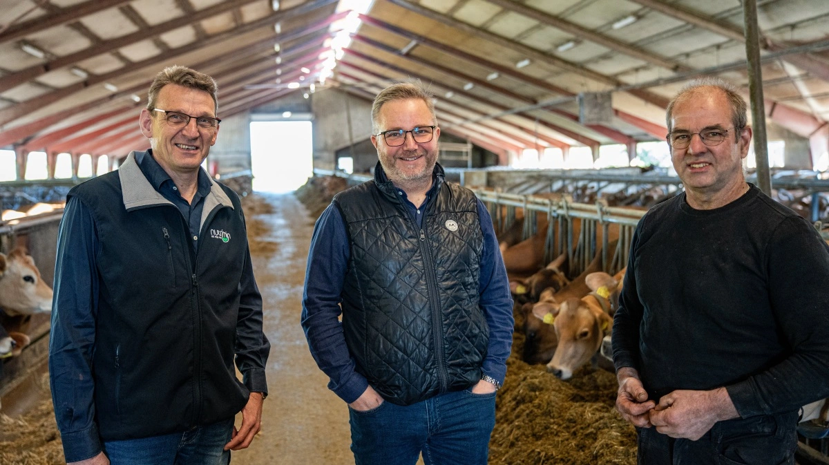 Martin Olesen fra Nutrimin, Simon Skaarup Jensen fra DSM-Firmenich og mælkeproducent Finn Søgaard samarbejder tæt om at styrke køernes sundhed.