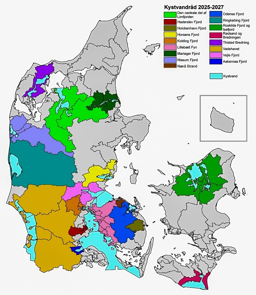 De 17 kystvandråd er fordelt med 11 i Jylland, fire på Fyn og to på Sjælland og Lolland Falster, som det ses på kortet. Kilde: Trepartsministeriet