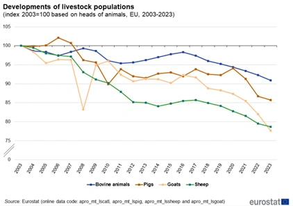 Figur 1: Udviklingen i EU’s kødproduktion for svin og kvæg i perioden 2007-2023 i indekseret form (2008 = 100). Det har ikke været muligt at finde nyere tal for udviklingen i EU’s medlemslande. Grafen illustrerer det markante fald i griseproduktionen efter 2017 samt det gradvise fald i oksekødsproduktionen siden midten af 2010’erne. Kilde: Eurostat 