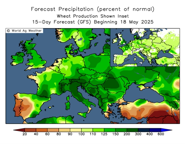 Figur 1: Prognose for vejrudviklingen de kommende 15 dage. I løbet af de næste to uger forventes der at falde nedbør over store dele af Europa, og det er tiltrængt for de danske planteavlere. Kilde: www.worldagweather.com 