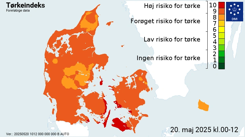 Tirsdag ligger det vestlige Lolland med det maksimale røde tørkeindeks på 10. Kilde: DMI