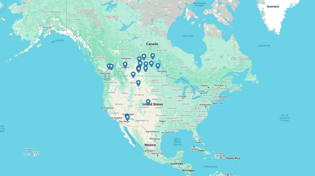 Monette Farms 19 gårde er her markeret på kortet. De fleste ligger omkring forældrenes farm ved byen Swift Current i det sydlige Saskatchewan.