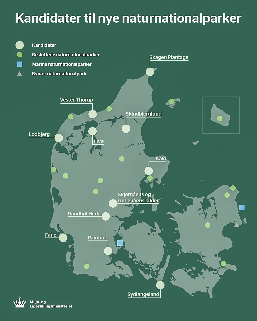 Når de seks nye nationalparker er placeret, vil der være 21 af slagsen i Danmark. Her ses de 11 kandidater sammen med de nationalparker, der allerede er vedtaget at oprette. Kilde: Miljø- og Ligestillingsministeriet