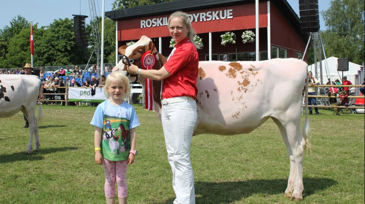 Miss Teen – Sjællands smukkeste kvie:
DRH-kvie fra Marie-Louise Fredslund (billedet) og Simon Fredslund fra en gård nord for Ringsted. På billedet ses også datteren Ellinor på seks år. 