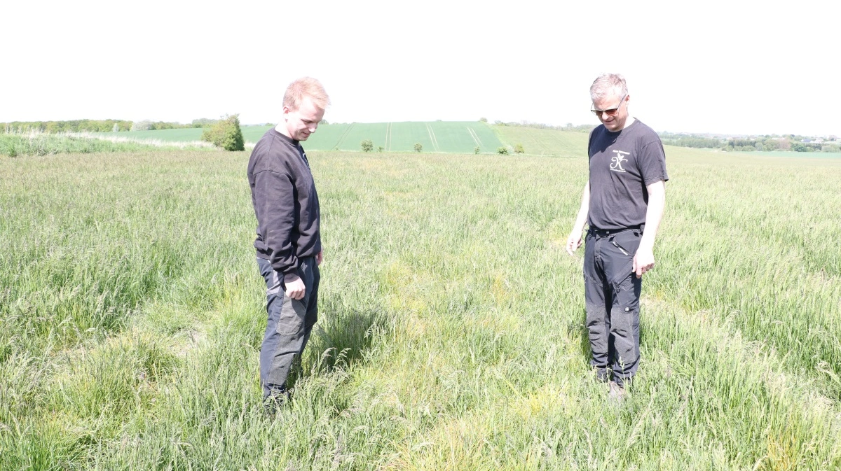 Hos Hans Sørensen (th) på Kærbygaard gør de meget ud af at spotsprøjte, og målet er et helt bestemt: De vil kunne levere et renere produkt. Her spiller den mere præcise sprøjtning en nøglerolle, og derfor har de også investeret i en nyere sprøjte.  Hans Sørensen ses her sammen med medarbejder Christian B. Larsen. Foto: Velas 