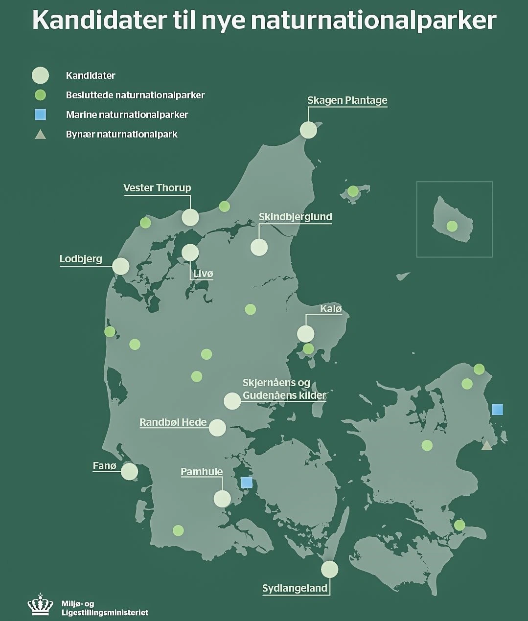 Samtlige 11 nye kandidater til at få naturnationalparker ligger vest for Storebælt. Kilde: Miljø- og Ligestillingsministeriet