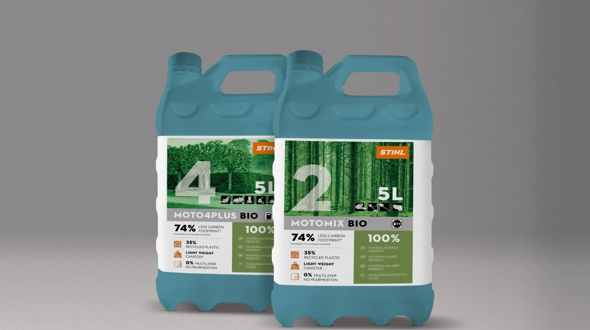 Stihl lancerer MotoMix BIO, et brændstof med 100 procent massebalance, hvor en del af de fossile råvarer i produktionskæden er blevet erstattet med vedvarende alternativer. Pressefoto