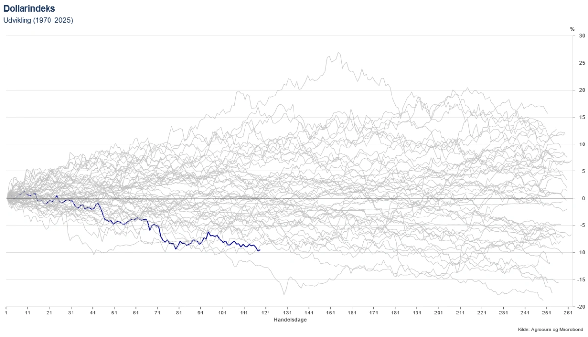 Dollarudvikling per år siden 1970
Dollaren i 2025, blå graf, har haft en meget svag tendens kun set svagere i 1973.
