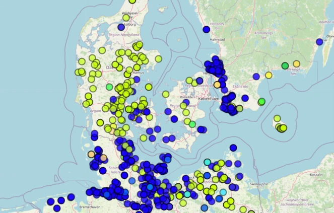 Tilfælde, hvor der er mistanke om resistens over for sortgræs (blå) og rajgræs (gul) i Danmark, Nordtyskland og Sverige. Kilde: Agris42 GmbH