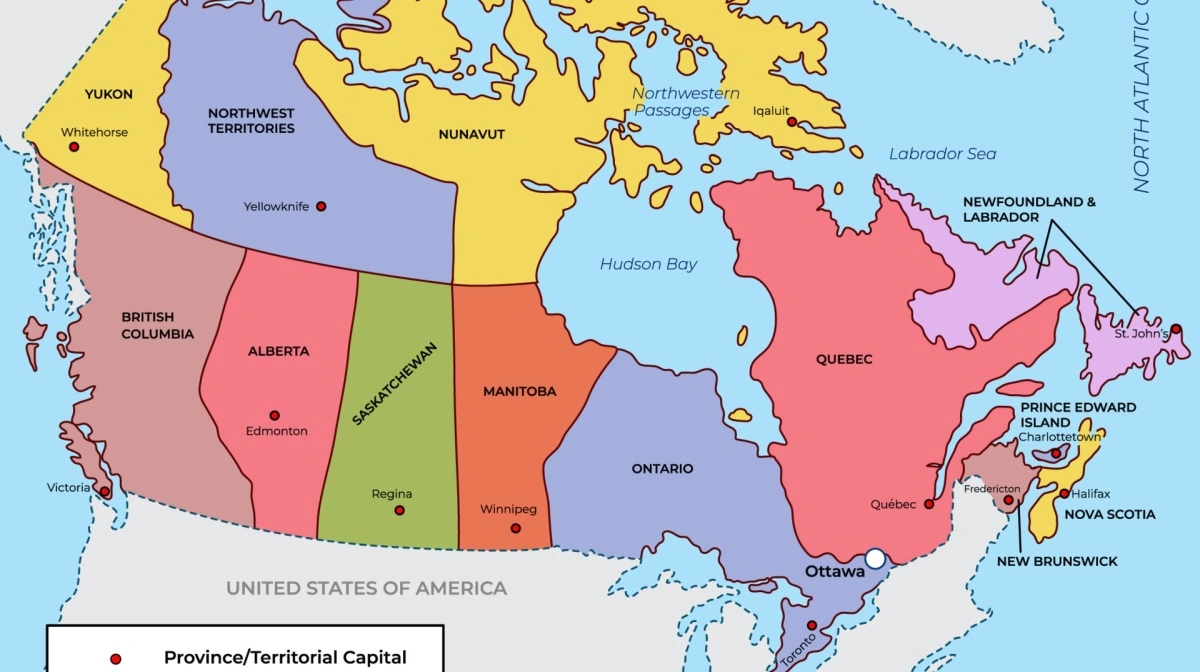 Manitoba er den orange provins med Winnipeg helt mod syd nær grænsen til USA.