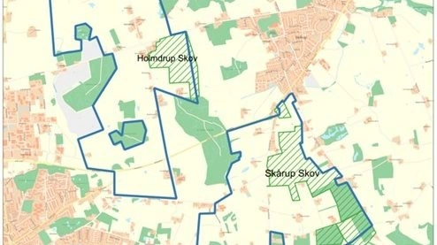 Oversigtskort med Holmdrup skov, Skårup skov og projektområderne for skovrejsning. Kilde: Naturstyrelsen