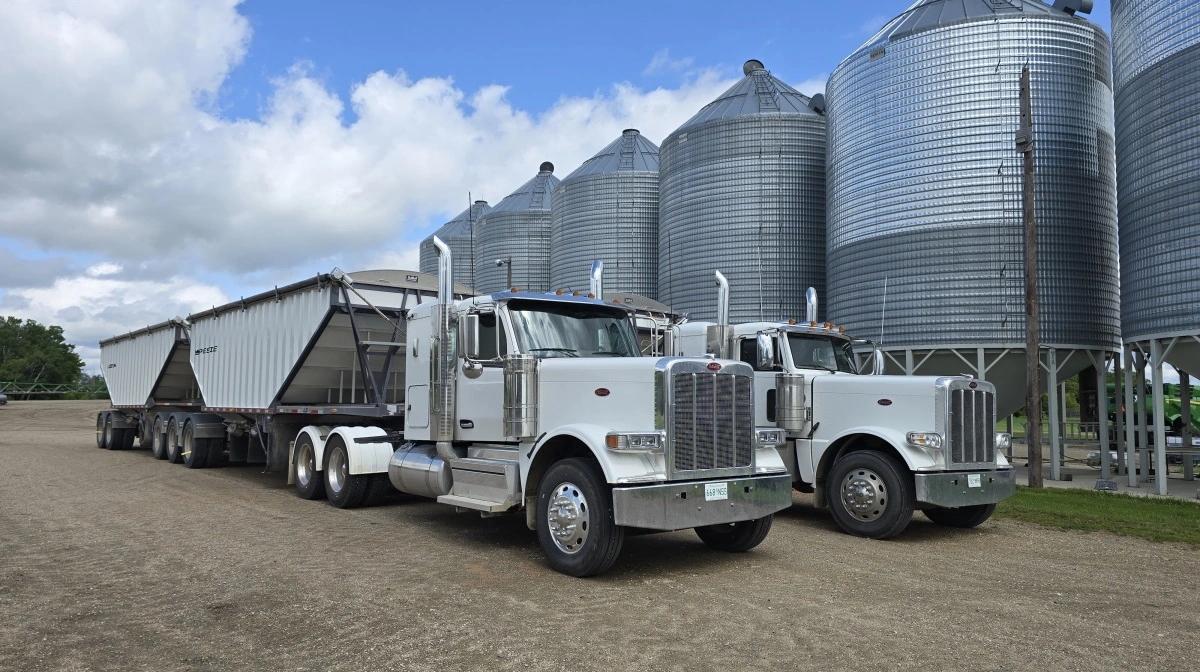 Et fornuftigt planteavlsbrug i Manitoba ligger på 2.000 hektar. Og dem er der rigelig plads til mange af i det store landbrugsområde. Her er trucks, der tydpisk anvendes som kornvogne.