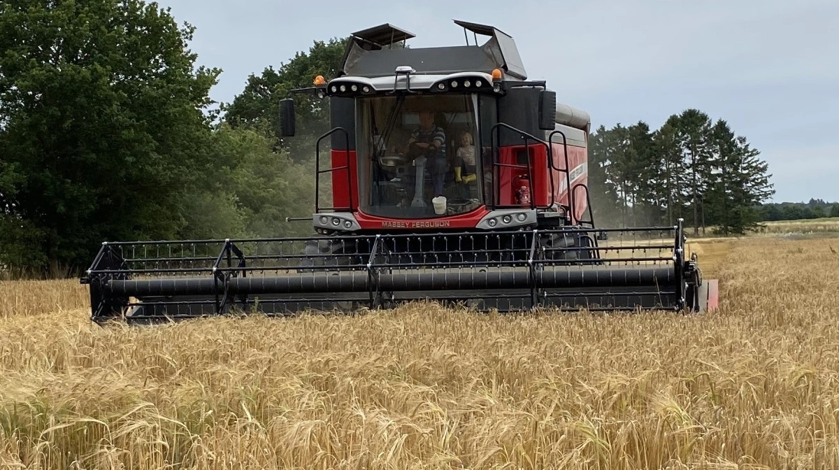 - Udbyttemæssigt vil jeg vurdere, at vi ligger omkring 6 – 7 t/ha, hvilket er tilfredsstillende her på vores jorde, vurderer Karsten Jensen med sit barnebarn, Karla, som co-pilot. Fotos: Niels Peter Jensen