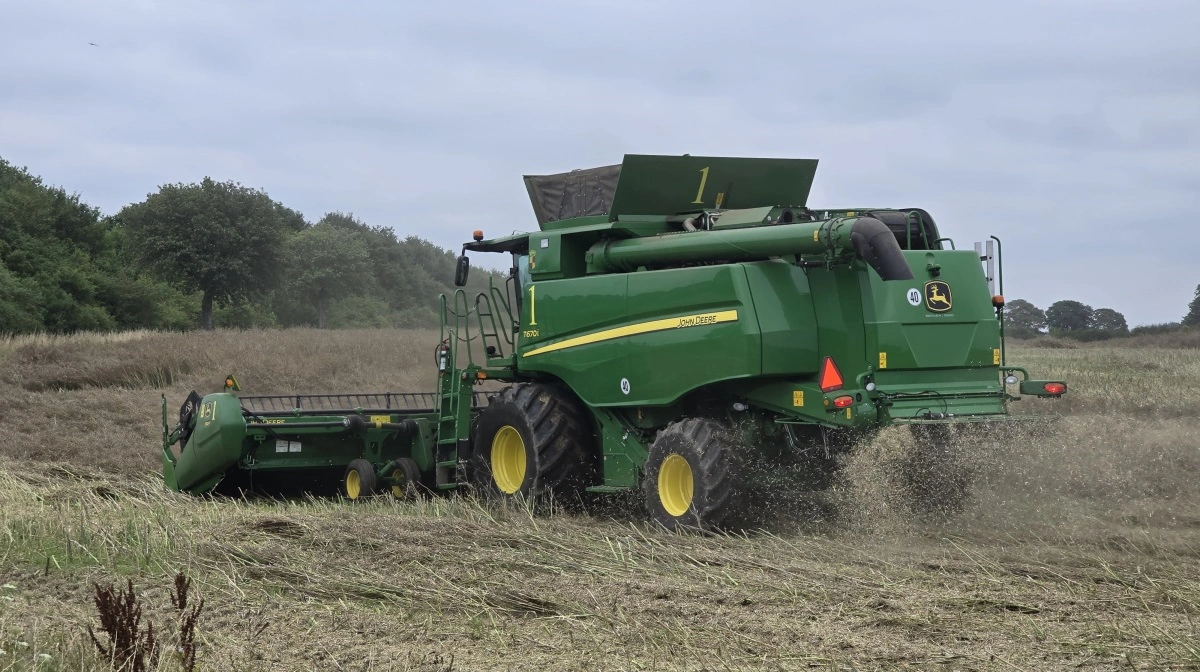 Der høstes med to John Deere T670i mejetærskere med 30 fods skæreborde, der begge kører upåklagelige på syvende sæson.