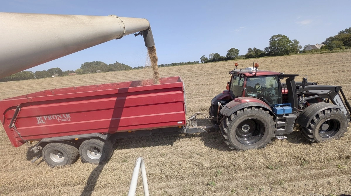 Foruden Claas-mejetærskeren fra Ringe Maskinforretning er denne nye Valtra traktor netop indkøbt hos J. Dyhr i Gudbjerg. Kornvognen køres denne dag af en svoger.