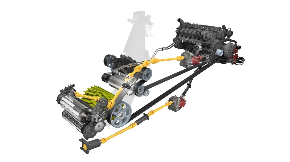 Illustrationen viser det tekniske drivlinjesystem i Claas Jaguar 1000-serien, hvor kraften fra motoren fordeles til knivcylinder, krakker, pick-up eller majsbord via rem- og geartræk. Den optimerede transmission reducerer energitab og sikrer høj effektivitet, mens komponenternes placering giver let adgang til service og hurtige justeringer i marken.