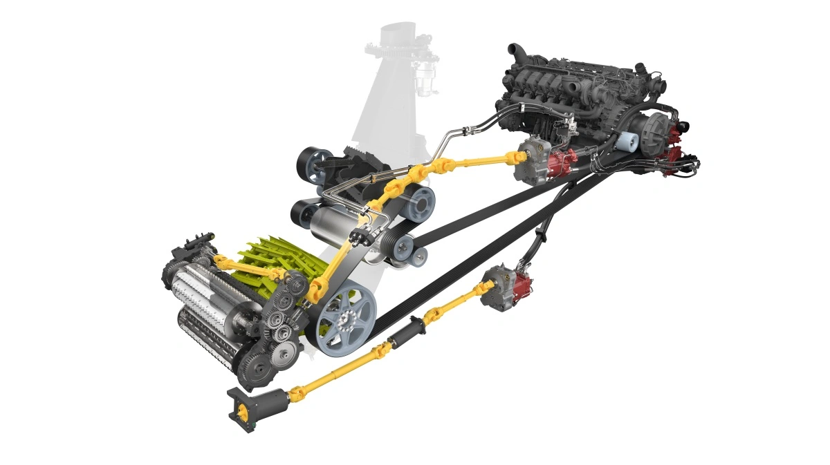 Illustrationen viser det tekniske drivlinjesystem i Claas Jaguar 1000-serien, hvor kraften fra motoren fordeles til knivcylinder, cracker, pick-up eller majsbord via rem- og geartræk. Den optimerede transmission reducerer energitab og sikrer høj effektivitet, mens komponenternes placering giver let adgang til service og hurtige justeringer i marken.