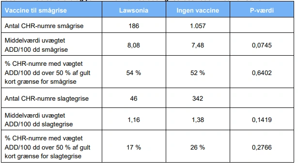 Antibiotikaforbrug på CHR-numre med/uden grisevaccination mod lawsonia. Kilde: Notat nr. 2508, L&F Gris