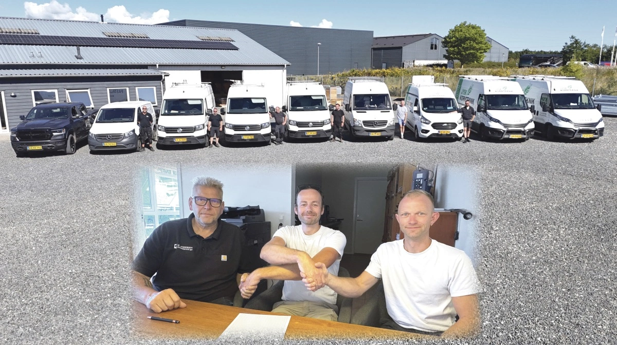 Montage- og serviceafdelingen fra P. Andersen Staldservice overgår pr. 1. september til Jysk Kornteknik. På billedet ses hele holdet med servicevogne foran domicilet i Nyborg. Foran, fra venstre, ses Peter Andersen, ejer af P. Andersen Staldservice, samt Lars Sørensen og Heine Pedersen, ejere af Jysk Kornteknik, i forbindelse med den officielle overtagelse af montage- og serviceafdelingen. Foto: Per Jørgensen