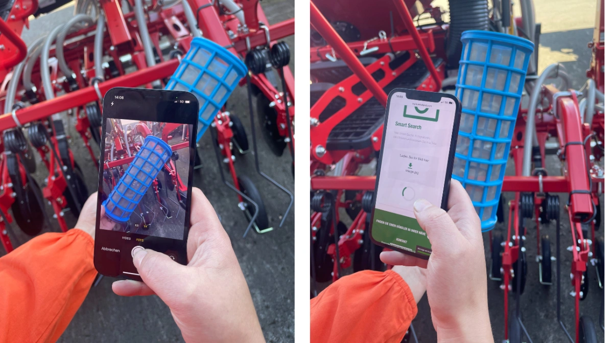 Med Kvernelands Smart Search kan operatøren identificere sliddele direkte i marken via mobilkamera. Systemet matcher billedet med korrekt reservedel i MyKverneland-platformen og minimerer dermed fejlbestillinger og nedetid.