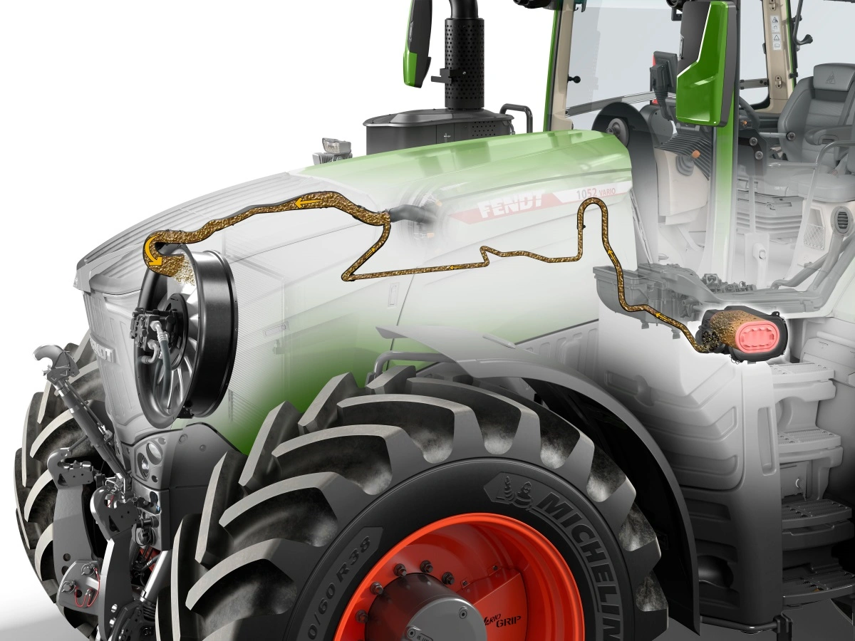 På linje med Fendt 1000-serien kan 800-serien nu også udstyres med selvrensende motor- og kabineluftfilter, samt reverserbare blæservinger ved kølerpakken. Illustration: Fendt
