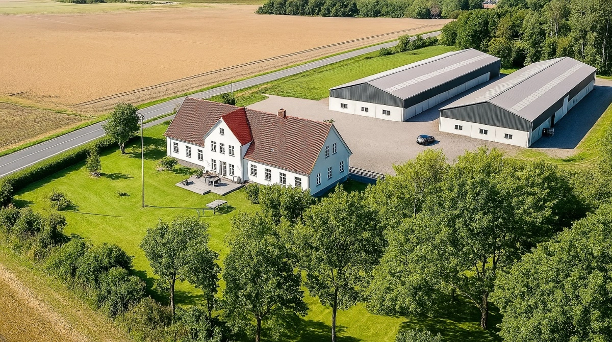 Vallensgård ligger nær Aakirkeby på Bornholm. Her ses stuehuset, der er blevet moderniseret, og de to haller, der udgør rammen for det moderne landbrug. Fotos: Landbrugsmæglerne