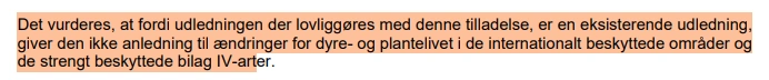 Her ses et uddrag (Knud Jeppesens markering) af Herning Kommunes tilladelse til udledning af opspædet spildevand fra et overløb på Aulum Renseanlæg. Knud Jeppesen kritiserer begrundelsen for lovliggørelsen og har klaget over den til Miljø- og Fødevareklagenævnet. 