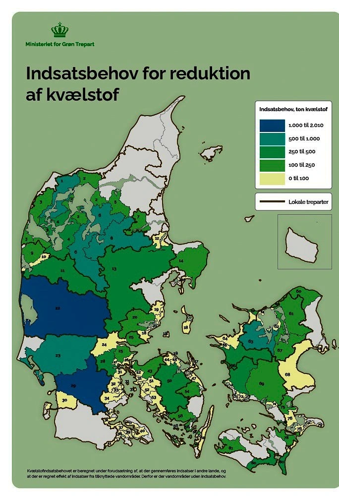Der er vidt forskellige krav til reduktion af kvælstof, alt efter hvor man er i Danmark, som det fremgår af dette kort. Kilde: Ministeriet for grøn trepart