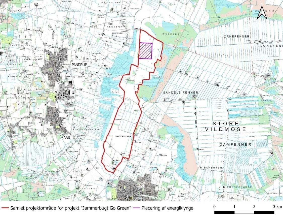 Illustration af, hvor energiøen skal placeres (det skraverede felt). Illustration: Jammerbugt Kommune
