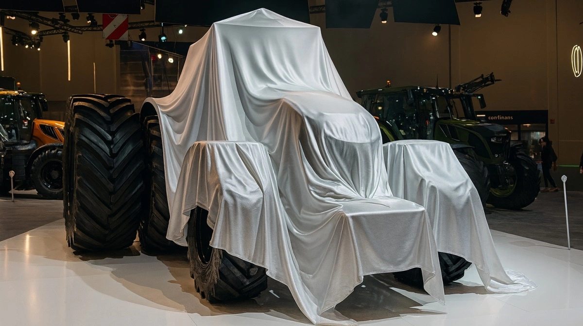 Bag dækket gemmer sig en af efterårets nyheder, som traktorproducenterne håber, vil sætte gang i salget. Agritechnica 2025 i Hannover bliver ikke bare et udstillingsvindue, men er også et strategisk afsæt for næste års investeringer i landbrugsmaskinbranchen. Trods et vigende traktormarked i 2025 spores der optimisme forud for messen og afsløringer som denne er med til at fastholde interessen for de store modeller med høj kapacitet og ny teknologi. Foto: AI-genereret til redaktionelt brug