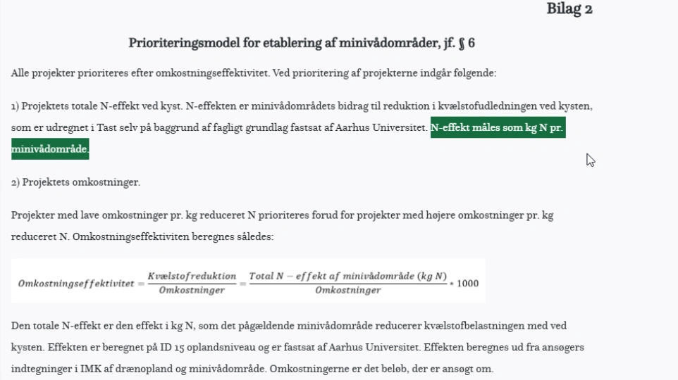 Udklippet er fra Bekendtgørelsen om tilskud til minivådområder 2024 og 2025 (Relevant tekst markeret med grøn baggrund).