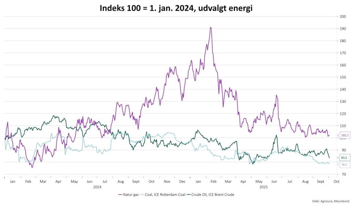 Grafen viser udviklingen i olie (Brent Crude), kul (API2, Rotterdam) og naturgas (TTF) siden 1. januar 2024, sat til indeks 100. 