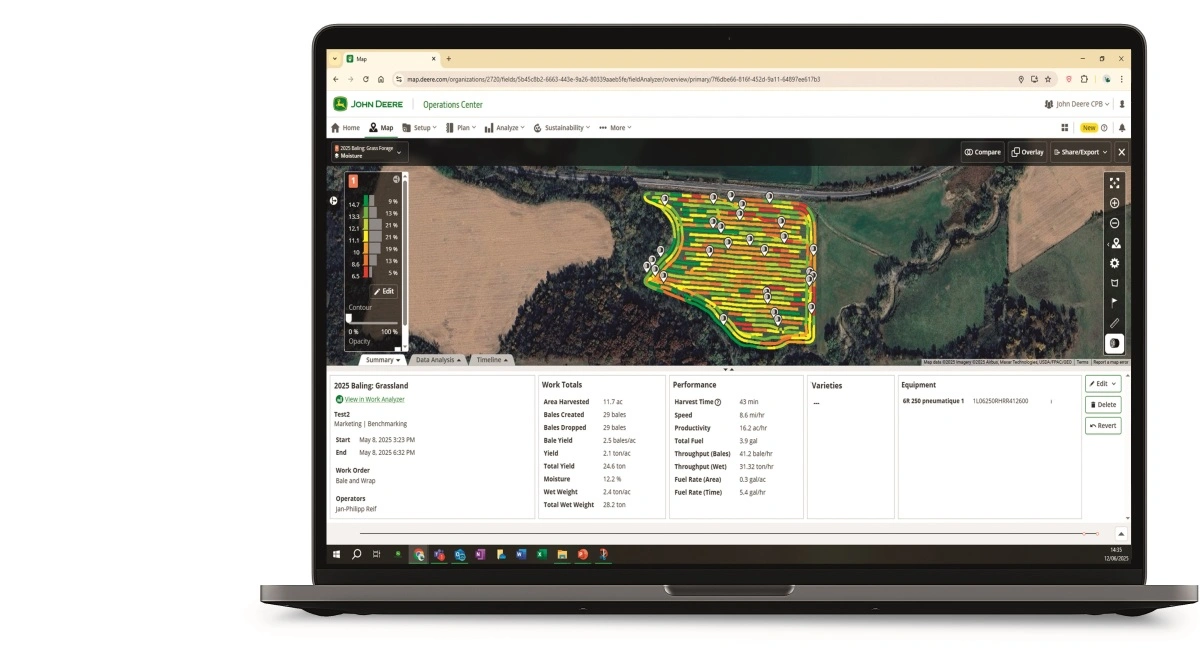De nye pressere leverer informationer direkte i John Deere Operations Center, så man hurtigt kan få et overblik over antallet af baller og placeringen af dem. Systemet kan også automatisk generere en faktura for arbejdet, som kan sendes til kunder. 
