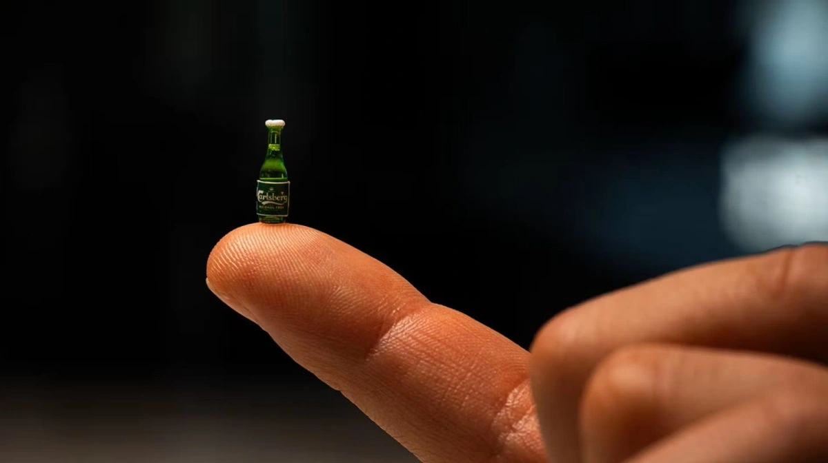 Carlsberg har lanceret verdens mindste øl med højde på 12 millimeter og et indhold på 0,005 centiliter øl. Foto: Carlsberg
