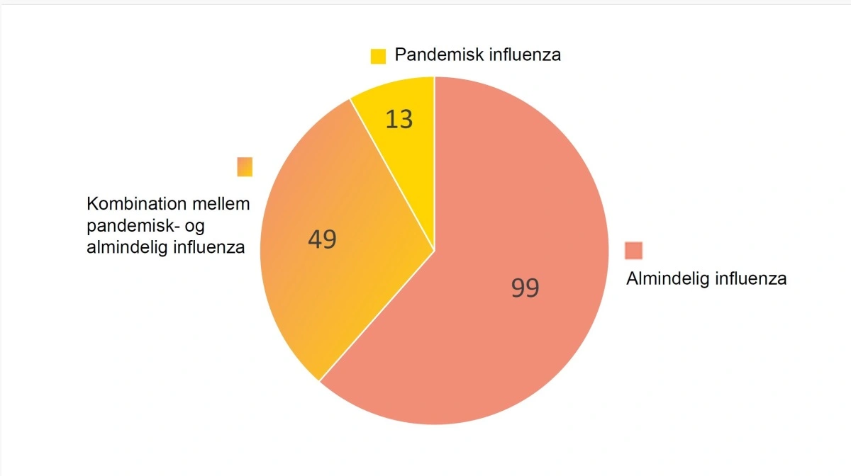 Figuren viser fordelingen af influenzatyper i de 161 positive besætninger i 2024, hvor 49 besætninger var positive for både almindelig og pandemisk influenza. I alt indsendte de praktiserende dyrlæger sammen med Ceva 229 prøver til SSI i 2024. Kilde: Ceva