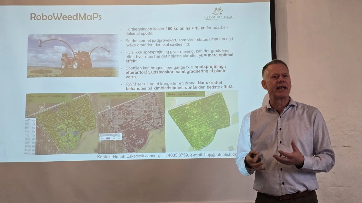 - Man kan præcis fokusere på det ukrudt eller andet, som påvirker udbyttet mest. Og der kan laves spotsprøjtningskort udelukkende om dette, fortæller Birger Hartmann, Patriotisk Selskab. 