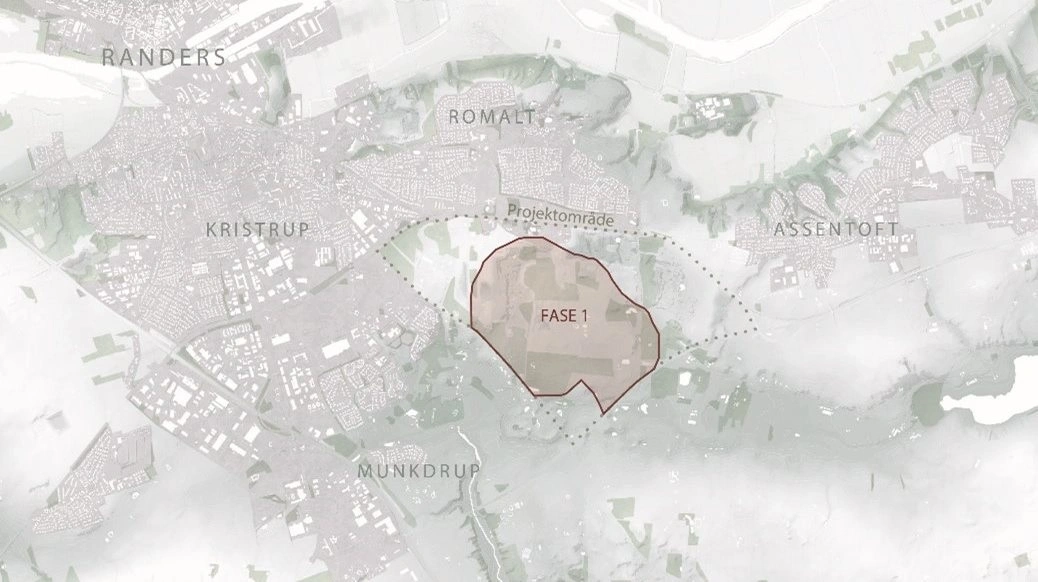 Den nye skov vil komme til at ligge i en kile mellem Munkdrup, Romalt og Assentoft i den sydlige udkant af Randers. Senere er det tanken at området skal udvides til i alt 450 hektar. Foto: Naturstyrelsen