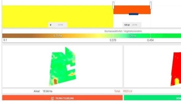 Tildelingskort til svampemiddel for øverste mark til venstre med lille variation i plantetallet. Kilde: FieldSense