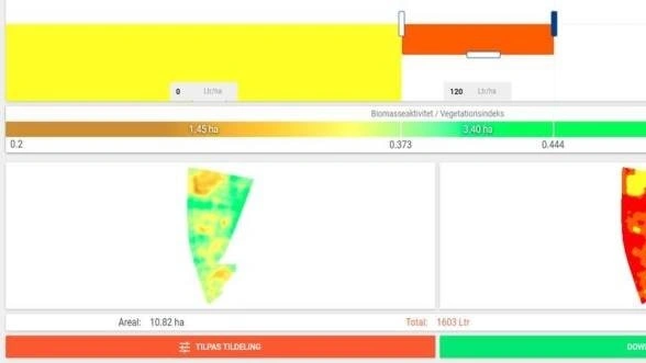 Tildelingskort til svampemiddel for øverste mark til højre med stor variation i plantetallet. Kilde: FieldSense